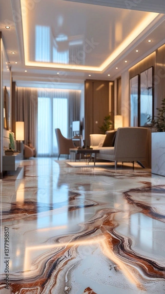 Fototapeta a luxurious epoxy self-leveling floor with a stunning marble pattern installed in a high-end residential interior, showcasing a private home's modern decor, with the floor being the central focal poin
