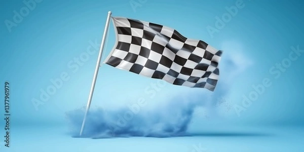 Fototapeta Checkered flag graphic design with an abstract background of dust and particles, a dynamic racing theme.