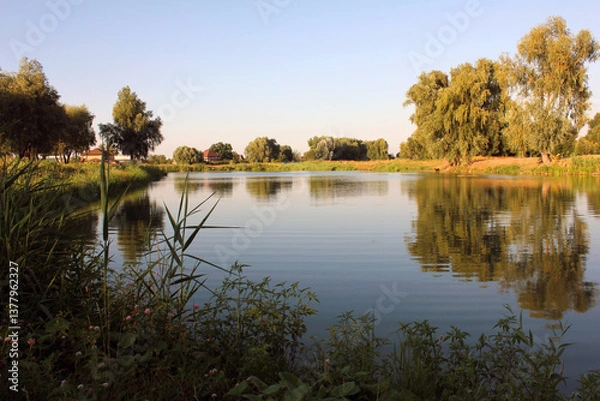 Obraz Tranquil countryside riverbank at sunset