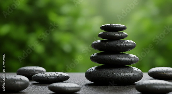 Obraz Stacked Black Stones with Water Droplets in Natural Green Background Offering Calm and Balance
