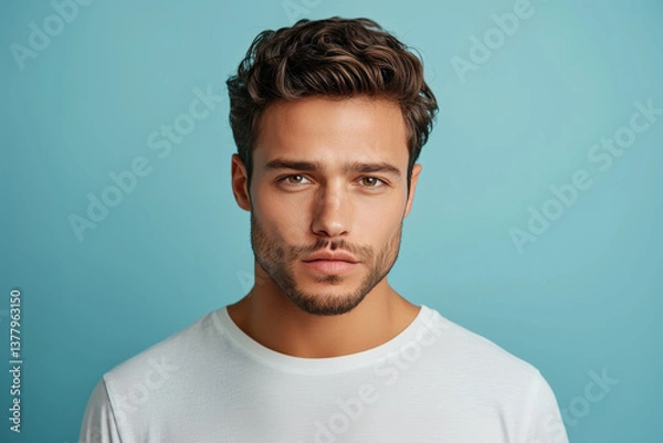 Fototapeta Chico de 20 años, modelo, con cabello corto y barba, español, mirando acámara con camiseta blanca y fondo azul pastel
