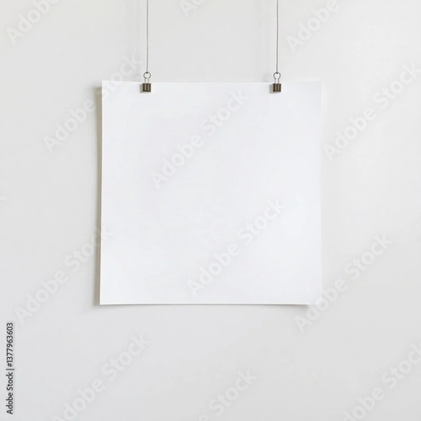 Fototapeta Blank white poster mock-up with metal clips on light gray wall. Empty canvas sheet template for design, photo, picture. Modern minimalistic interior with copy space.