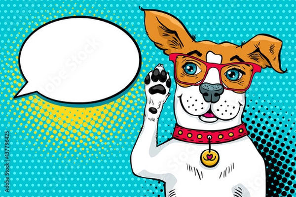 Fototapeta Funny surprised pop art dog in glasses with big blue eyes hearing with his paw near ear and looking at the speech bubble. Vector bright illustration in retro comic style. Invitation poster.
