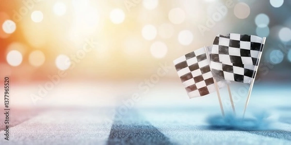 Fototapeta Checkered flag graphic design with an abstract background of dust and particles, a dynamic racing theme.