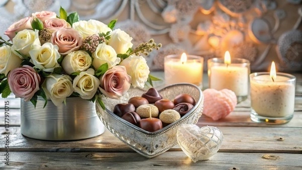 Fototapeta Romantic ambiance with a bouquet of roses, heart-shaped chocolates, and softly glowing candles on a rustic wooden surface