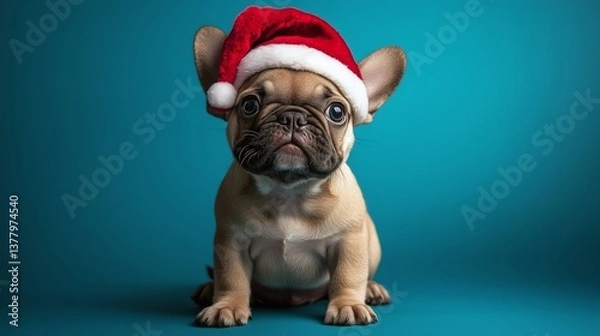 Fototapeta Cute french bulldog puppy wearing a santa hat, sitting and looking forward on a vibrant blue background, perfect for christmas themes