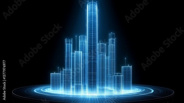 Fototapeta Futuristic Cityscape Digital Wireframe Model glowing in blue light A modern abstract design