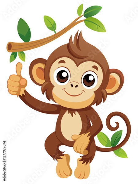 Fototapeta Cartoon Monkey with Thumbs Up on Branch Cheerful Primate Character for Kids Designs