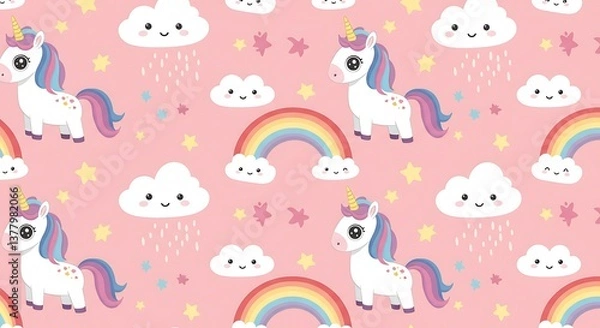 Fototapeta Adorable Unicorns Rainbow Dreams Pastel Pink Pattern AI Generated