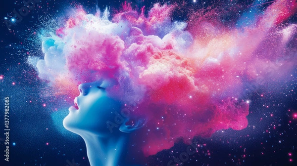Fototapeta Cosmic Dream: Woman's Mind Exploding with Galactic Color, Conceptual art for digital display