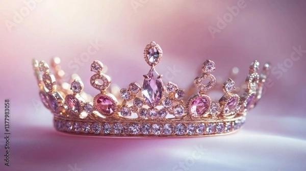 Fototapeta A delicate diamond crown with shimmering gemstones displayed against a soft pink backdrop.
