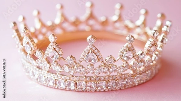 Fototapeta A delicate diamond crown with shimmering gemstones displayed against a soft pink backdrop.