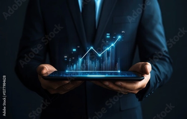 Obraz Businessman holding a tablet with a growing graph projection