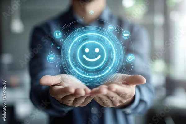 Fototapeta Customer satisfaction displayed as a holographic smiley face in cupped hands