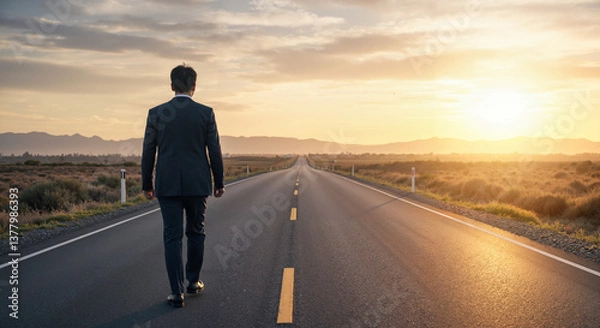 Fototapeta Businessman taking first step on an empty road at sunset  