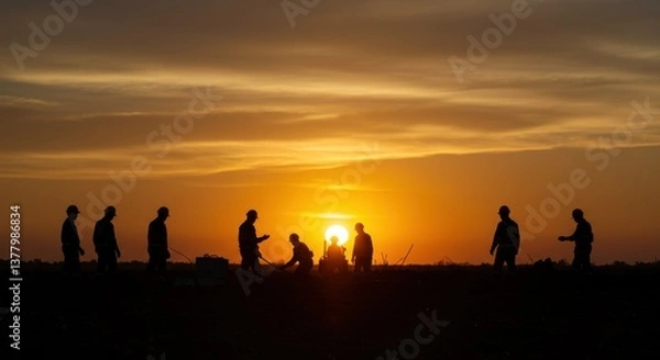 Obraz Silhouetted Workers Against a Brilliant Sunset with Warm Tones and Subtle Cloud Patterns