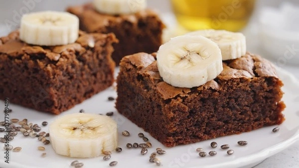 Fototapeta Indulge in this tempting oatmeal brownie topped with fresh banana slices and chia seeds, beautifully captured in macro. This delightful dessert boasts rich flavors, perfect for any baking enthusiast.