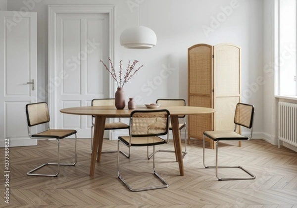 Fototapeta Minimalist Dining Room with Mixed Chairs