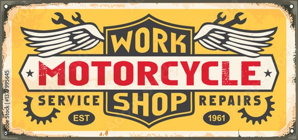 Obraz Motorcycle workshop vintage sign with retro emblem and lettering on yellow background. Transportation service and repair vector logo image.