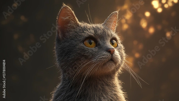 Fototapeta Gray Cat with Bright Eyes in a Warm Outdoor Setting at Dusk