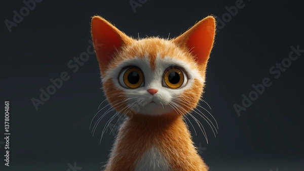 Fototapeta Cute Animated Kitten with Large Eyes and Orange Fur on Dark Background