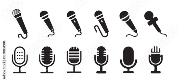 Fototapeta Microphone icon set. A detailed vector collection of microphones and headphones, featuring equipment ideal for podcasts and recording studios. vector illustration  eps 10.
