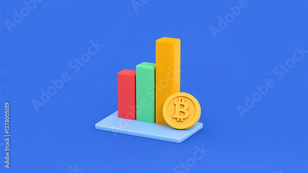 Fototapeta Colorful Graph and Bitcoin Coin on Blue Background, Financial Growth
