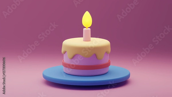 Fototapeta Colorful Birthday Cake with Candle on a Plate in Bright Setting