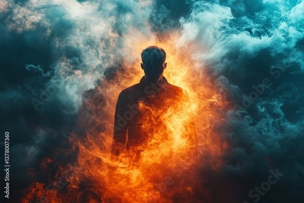 Fototapeta A solitary human silhouette stands immersed in a mesmerizing display of vibrant, swirling mists that dance around them, evoking a dreamlike