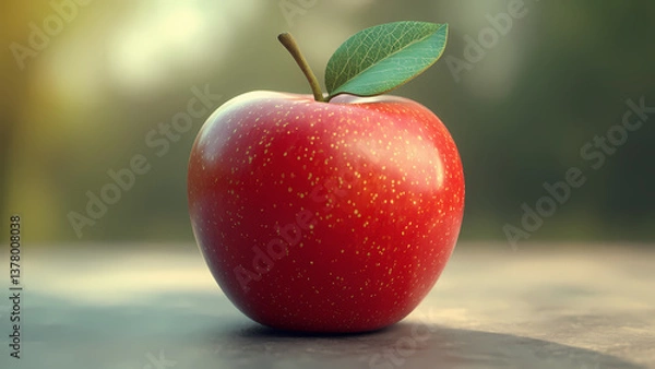 Fototapeta Fresh Red Apple with Leaf on a Soft Blurred Background