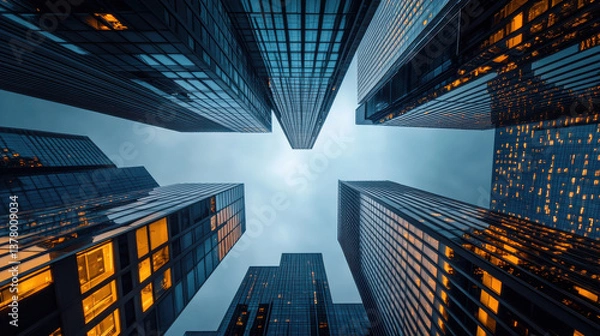 Fototapeta Ultra-modern skyscrapers shot from a worm's eye view, converging at the center of the sky, soft light casting faint reflections