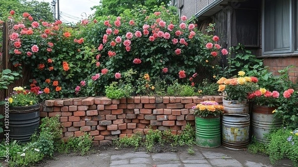 Fototapeta Community Garden Marvel: Recycled - material Landscapes Adorned with Blooming Roses