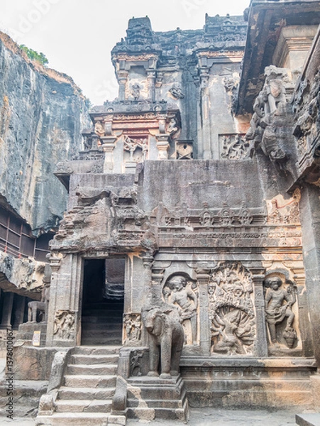 Fototapeta Amazing Ellora Caves detailed carvings, extraordinary rock cut temples famous unesco travel destination, India