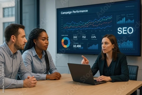 Fototapeta SEO Insights Meeting: A focused business meeting where a team discusses SEO performance in a modern office setting.