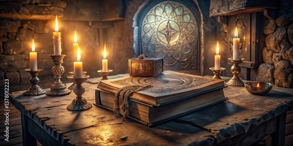 Fototapeta An ancient tome rests upon a rustic table, illuminated by the warm glow of flickering candlelight, a small ornate box nearby adding to the mystical ambiance of the scene.