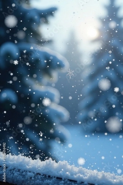 Fototapeta Snowflakes falling gently on a frosty windowpane, delicate, glass, sparkle