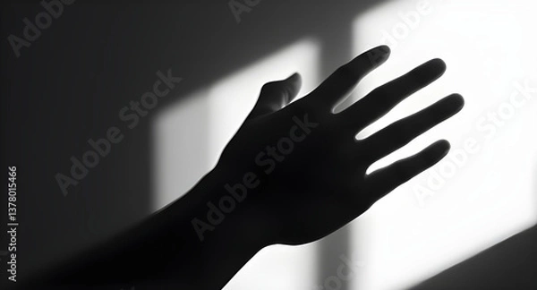Fototapeta Monochrome Hand Silhouette on Light Background, Shadow Art Photography, Black and White Human Figure, Abstract Light and Shadow, Dramatic Mood, Conceptual Image, Minimalist Art