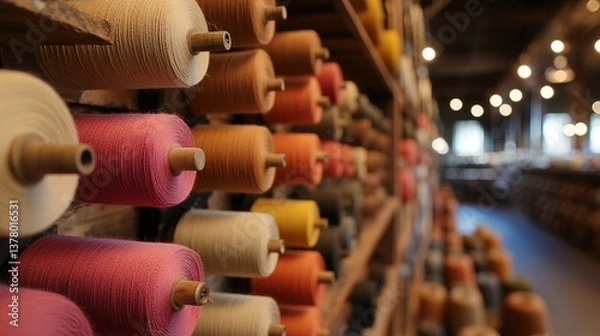 Fototapeta Creative textile workshop artisan studio spools of colorful yarn cozy environment close-up viewpoint crafting concepts