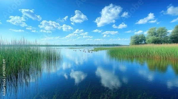 Fototapeta Wetland Elegance on Earth Day: Reeds and Aquatic Life in Harmony
