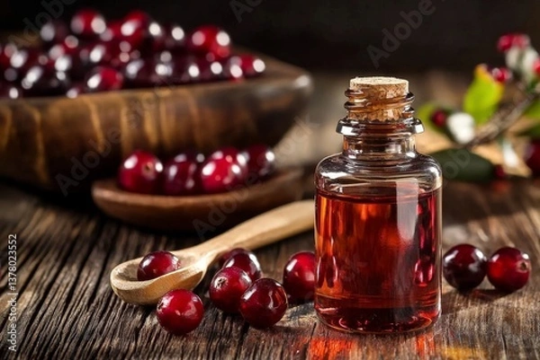 Obraz A close-up view of cranberry seed oil in a bottle on a wooden table.