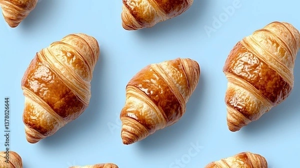 Fototapeta Fresh baked golden croissants arranged in rows on light blue background, top view. Flaky French pastries with glossy surface showing classic layered texture.