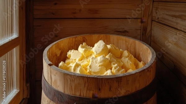 Obraz A wooden barrel filled with creamy yellow butter, set against a rustic wooden backdrop, showcasing traditional food preparation.