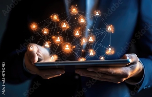 Fototapeta Person holding tablet with glowing network of connected profiles