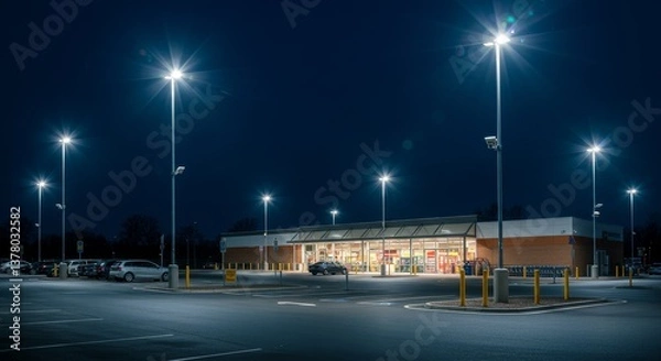 Obraz Nighttime Retail Parking Lot Illumination - Well-lit retail store parking lot at night, showcasing bright LED lighting and empty parking spaces