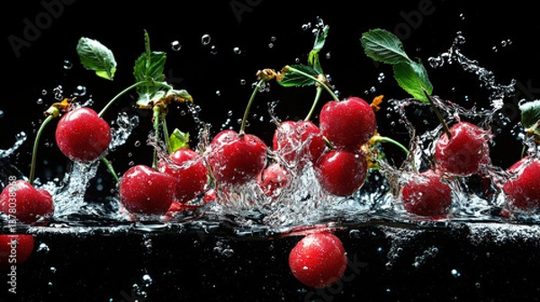 Fototapeta Cherries with green leaves dramatically falling into clear water, creating beautiful splashes and bubbles against a contrasting black background. Macro 