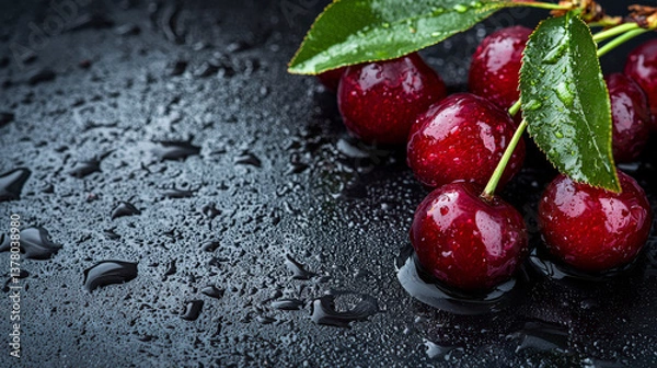 Fototapeta Ripe cherries with green leaves lying on a dark wet surface. The fruits are covered with water drops, enhancing the sense of freshness and natural beauty. High-resolution macro photography