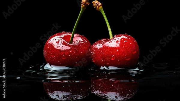 Fototapeta Two juicy red cherries with water droplets on the surface, placed against a black background with a mirrored reflection in water. A macro shot 