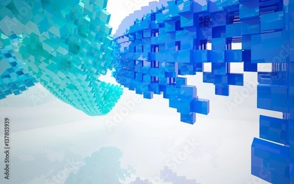 Fototapeta abstract architectural interior with blue geometric sculpture. 3D illustration. 3D rendering