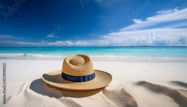 Fototapeta a straw hat lies on soft white sand surrounded by a breathtaking ocean view and bright blue sky capturing a relaxed beach atmosphere