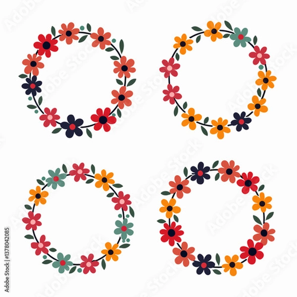 Fototapeta Round floral frame of small flower bushes in delicate flowers in the Scandinavian style on a white background.